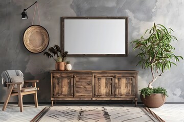 Empty mock up poster frame on grey stucco wall above wooden dresser cabinet with home decor. Rustic interior design of modern living room.