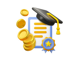 Education fee vector 3d icon. Tuition grant certificate illustration, isolated on white background. Diploma with mortarboard and golden coins, student loan concept