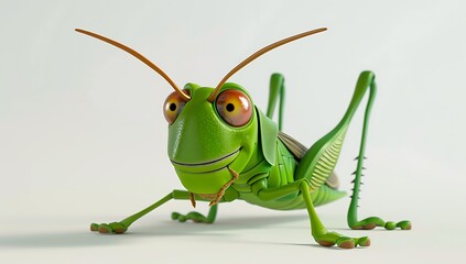 3d green grasshopper with brown eyes and black stripes on its back with a brown body and green legs