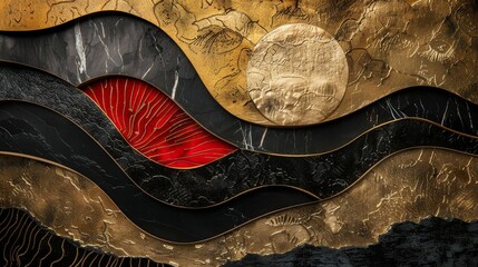 Art landscape in oriental banner with gold, black, and red texture moderns. Black stone decorations