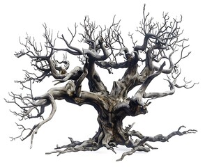 3D pixel art of an old tree with branches and roots on a white background 