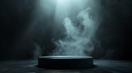 Podium black dark smoke background product platform abstract stage texture fog spotlight. Dark black floor podium dramatic empty night room table concrete wall scene place display studio smoky dust