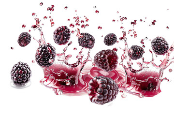 Fresh pomegranate seeds falling on a transparent background, showcasing their vibrant red color and natural sweetness, surrounded by other berries like raspberries, strawberries, and blackberries