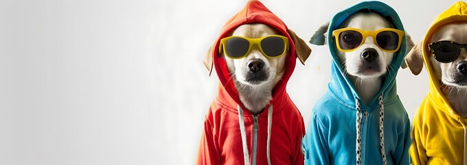 3 cute little dogs in colorful hoodies and sunglasses, white background banner with copy space area...