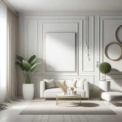 A white living room with a template mockup poster empty white and with a couch and a coffee table image realistic attractive used for printing card design.