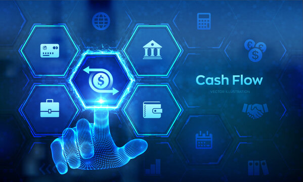 Cash flow Innovation technology business concept on virtual screen. Income growth, investment, wealth, financial management. Wireframe hand touching digital interface. Vector illustration.