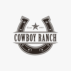 Vintage western stamp label horseshoe cowboy ranch logo vector on white background