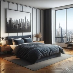 Bedroom sets have template mockup poster empty white with a large bed and a large window art realistic photo lively.