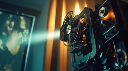 Retro Film Projector Illuminating Contemporary Home Cinema Setup