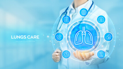 Lungs care. Pulmonology medicine concept. Respiratory system examination and treatment. Doctor holding in hand Lungs icon and medical icons network connection on virtual screen. Vector illustration.