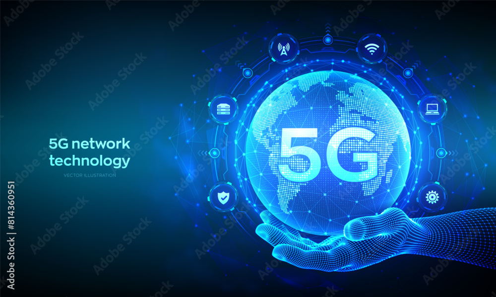 Wall mural 5g network wireless systems and internet of things technology concept. smart city communication netw