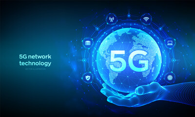 5G network wireless systems and internet of things technology concept. Smart city communication network. 5G wireless mobile internet wifi connection. Earth planet globe in hand. Vector Illustration.