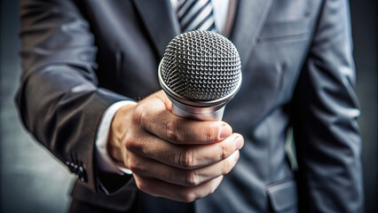 Detailed shot of hands holding a sleek microphone, perfect for broadcasting