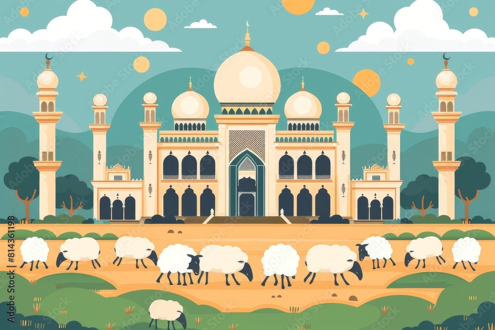 Wall mural Eid Al Adha Banner Design Vector Illustration. Islamic and Arabic Background for Muslim Community Festival. Moslem Holiday. 3D Modern Islamic  suitable for Ramadan, Raya Hari, Eid al Adha and Mawlid.