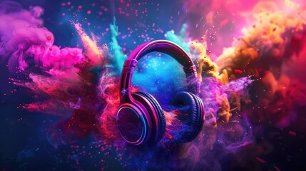 Stereo headphones exploding in festive colorful splash, dust and smoke with vibrant light effects...