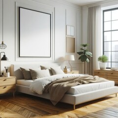 Bedroom sets have template mockup poster empty white with Bedroom interior and a picture frame image art photo photo used for printing.