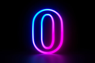 Neon number zero on dark background. 3D illustration