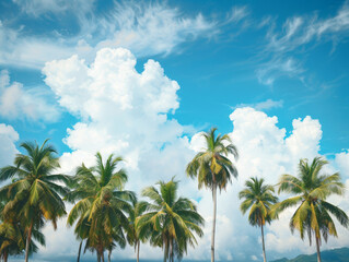 low angle view of beautiful coconut tree over blue sky, fluffy cloud, copyspace area for text - ai