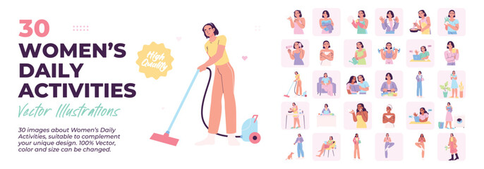 Bundle collection of women's activities, working, relaxing, exercise, women daily lifestyle concept illustrations. Set of illustration of women activities and lifestyle. Vector flat illustration.