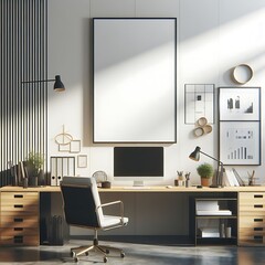 A desk with a chair and a large picture frame on the wall image harmony lively has illustrative meaning.