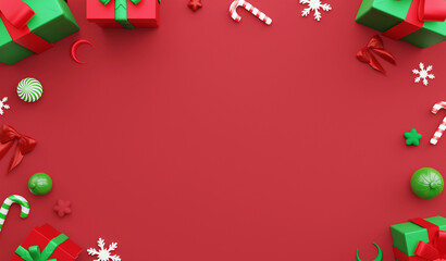 Christmas decoration cover top view, 3D render Christmas and New year concept and copy space on red background