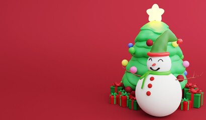 Christmas presents and snowman, 3D render Christmas and New year concept and copy space on red background