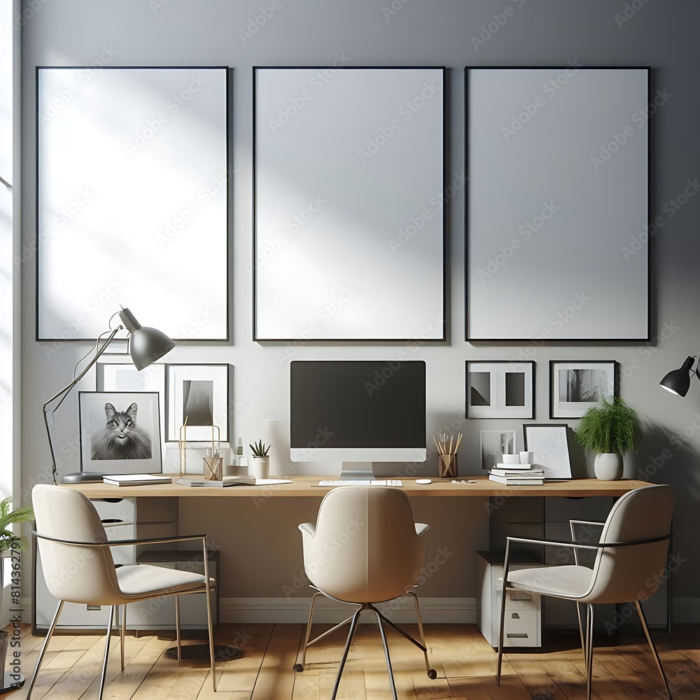 Wall mural a desk with a computer and chairs in front of a wall with a picture frame image art art attractive.