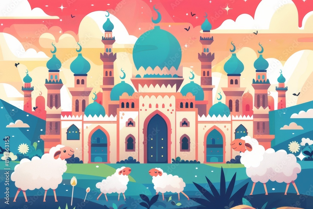 Wall mural Eid Al Adha Banner Design Vector Illustration. Islamic and Arabic Background for Muslim Community Festival. Moslem Holiday. 3D Modern Islamic  suitable for Ramadan, Raya Hari, Eid al Adha and Mawlid.