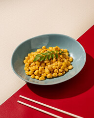 A typical Chinese sweet corn snack mixed with salted egg yolk