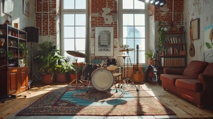 Establishing Shot: Music Rehearsal Studio in Loft Room with Drum Set in the Middle of It. Stylish Interior with Two Big Windows