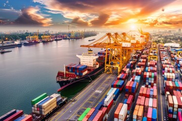 A bustling harbor filled with cargo ships being loaded and unloaded with crates and containers, Generative AI