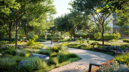 Serene urban park with lush greenery and benches