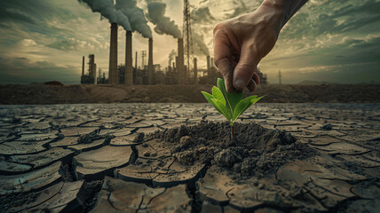 Planting green seedling in cracked earth, industrial backdrop