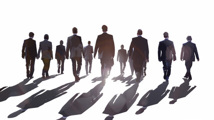 Silhouettes of businesspeople walking, white background