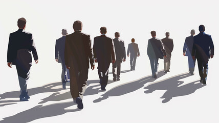 Silhouettes of businesspeople walking, white background