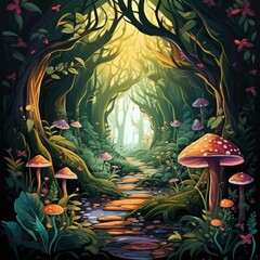 flat design front view enchanted forest theme cartoon drawing vivid