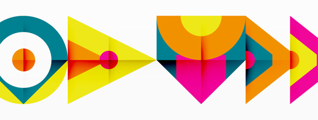 A vibrant collection of geometric shapes, including triangles, rectangles, and circles, in various tints and shades of magenta, creating a symmetrical pattern on a white background