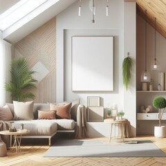 A living room with a template mockup poster empty white and with a couch and a picture frame image realistic harmony used for printing.