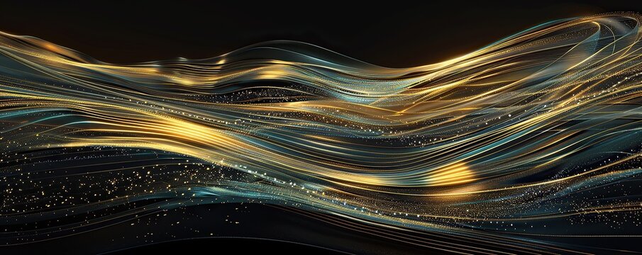 An elongated horizontal display featuring bright gold and soft blue lines cascading across a black canvas