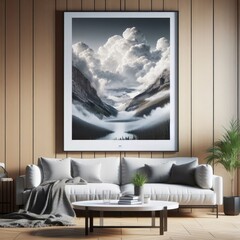 A living room with a template mockup poster empty white and with a couch and a picture on the wall image photo attractive used for printing.
