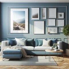 A living room with a template mockup poster empty white and with a couch and a table image realistic lively card design.