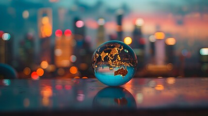 A globe is sitting on a table in front of a city skyline. The city lights reflect off the globe, creating a beautiful and serene scene