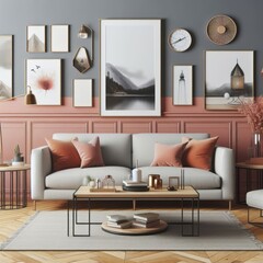 A living room with a template mockup poster empty white and with a couch and coffee table image realistic harmony used for printing.