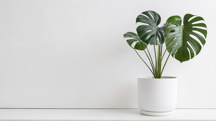 Decorate the interior of the room with Monstera  in white pots. Located on the left side against a white background.
