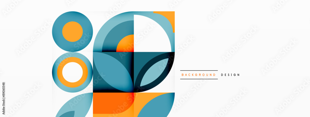 Poster an electric blue geometric design featuring circles and squares arranged in a pattern of symmetry on