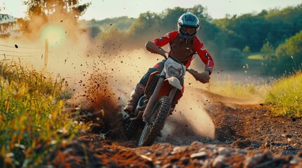 Motocross Rider rides a dirt track.
