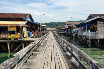 A traditional wooden pier extending into the harbor, lined with quaint shops, seafood restaurants, and souvenir stalls, Generative AI