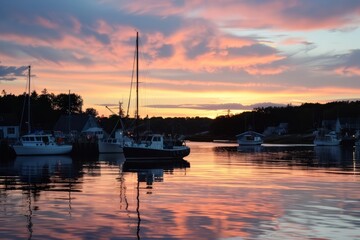 A tranquil harbor scene at sunset, with colorful skies reflecting off the calm waters and silhouetted boats drifting peacefully, Generative AI
