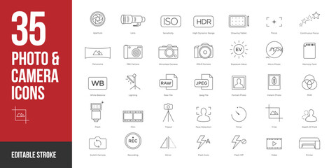 Camera and photography icon set in line style. Camera and photography icon set in line style symbol sign for apps and website and infographic vector illustration.