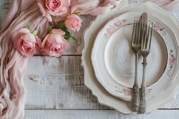 Light pastel colored tableware set: plate, vintage silverware on napkin and delicate pink roses on rustic shabby wooden background with copy space. Top view - Powered by Adobe